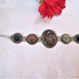 Vintage 1960s Large Natural Multi Colored Agate And Silver Plated Bracelet